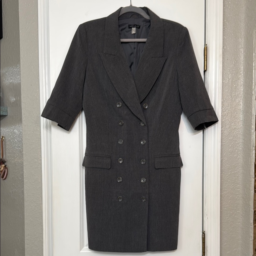 Women's Gray Double-Breasted Blazer Dress